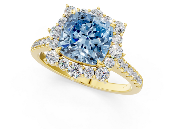 Yellow gold Fancy Blue Cushion  Halo Diamond Ring with Pavé Band and Prong Setting