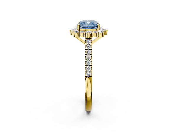 Yellow gold Fancy Blue Cushion  Halo Diamond Ring with Pavé Band and Prong Setting