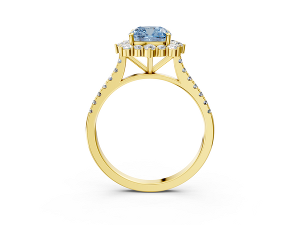 Yellow gold Fancy Blue Cushion  Halo Diamond Ring with Pavé Band and Prong Setting