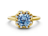 Yellow gold Fancy Blue Cushion  Halo Diamond Ring with Round Cluster Setting, Solitaire Band, and Four-Prong Setting_49