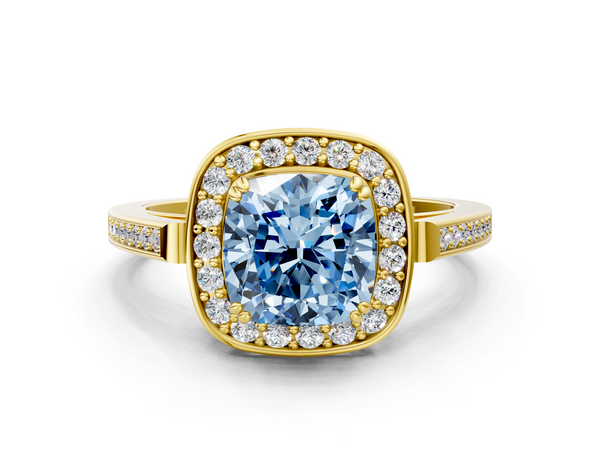 Yellow gold Fancy Blue Cushion Cut Diamond Halo Ring with Split Shank and Four-Prong Setting