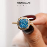 Yellow gold Fancy Blue Cushion  Halo Diamond Ring with Split Shank and Four-Prong Setting_77