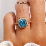 Yellow gold Fancy Blue Cushion  Halo Diamond Ring with Split Shank and Four-Prong Setting_79