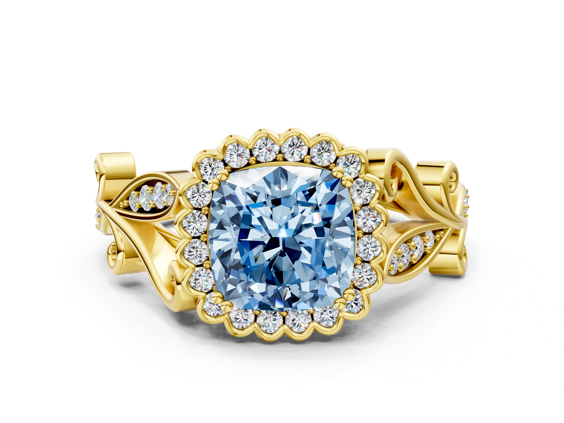 Yellow gold Fancy Blue Cushion  Halo Diamond Ring with Vintage Split Shank and Four-Prong Setting_20