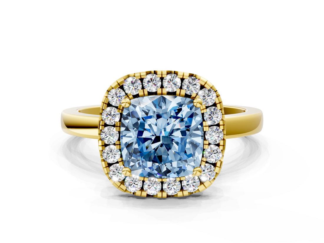 Yellow gold Fancy Blue Cushion  Halo Diamond Solitaire with Pavé Band and Four-Prong Setting_98