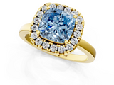 Yellow gold Fancy Blue Cushion  Halo Diamond Solitaire with Pavé Band and Four-Prong Setting_99