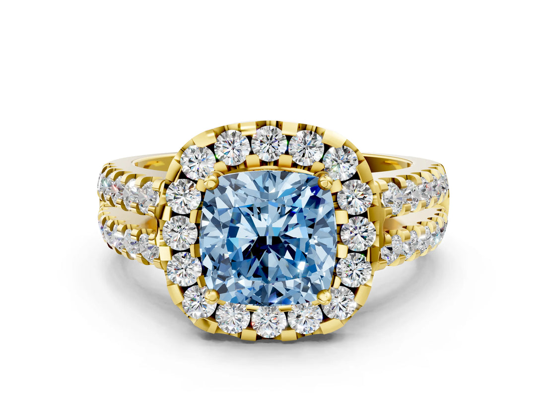 Yellow gold Fancy Blue Cushion  Halo Diamond Split Shank Engagement Ring with Prong Setting_46