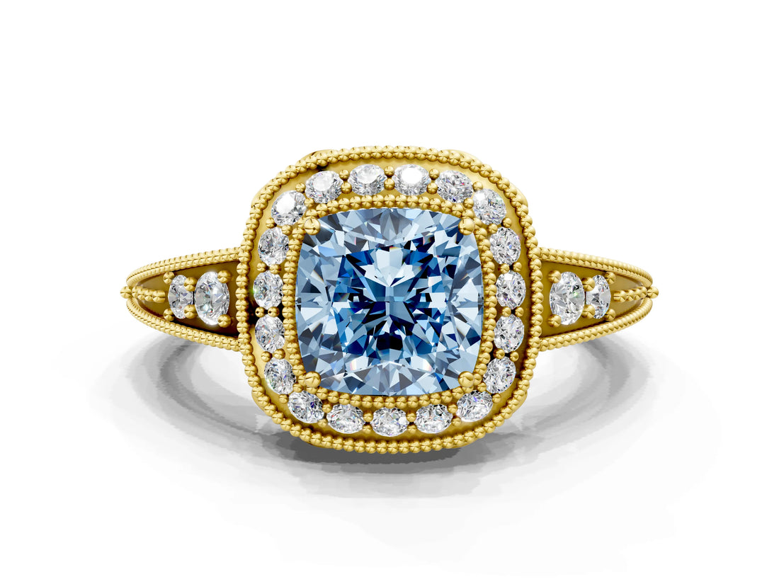 Yellow gold Fancy Blue Cushion  Halo Diamond Split Shank Ring with Milgrain Detail_49