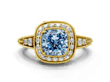 Yellow gold Fancy Blue Cushion  Halo Diamond Split Shank Ring with Milgrain Detail_49