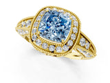 Yellow gold Fancy Blue Cushion  Halo Diamond Split Shank Ring with Milgrain Detail_50