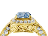 Yellow gold Fancy Blue Cushion  Halo Diamond Split Shank Ring with Milgrain Detail_53