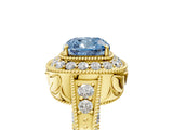Yellow gold Fancy Blue Cushion  Halo Diamond Split Shank Ring with Milgrain Detail_54