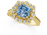 Yellow gold Fancy Blue Cushion  Halo Milgrain Pave Diamond Ring with Four-Prong Setting 1