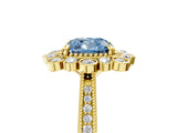 Yellow gold Fancy Blue Cushion  Halo Milgrain Pave Diamond Ring with Four-Prong Setting 5
