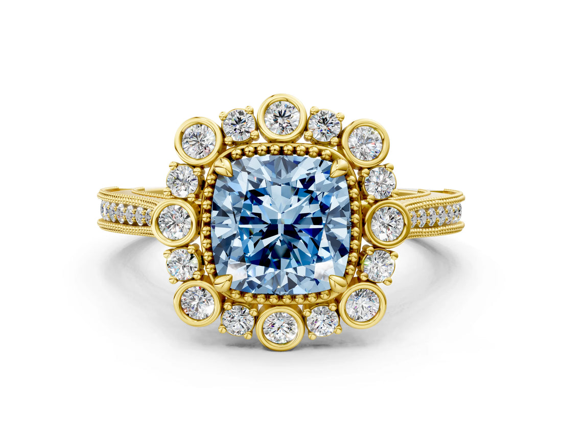Yellow gold Fancy Blue Cushion  Halo Milgrain Pave Diamond Ring with Four-Prong Setting