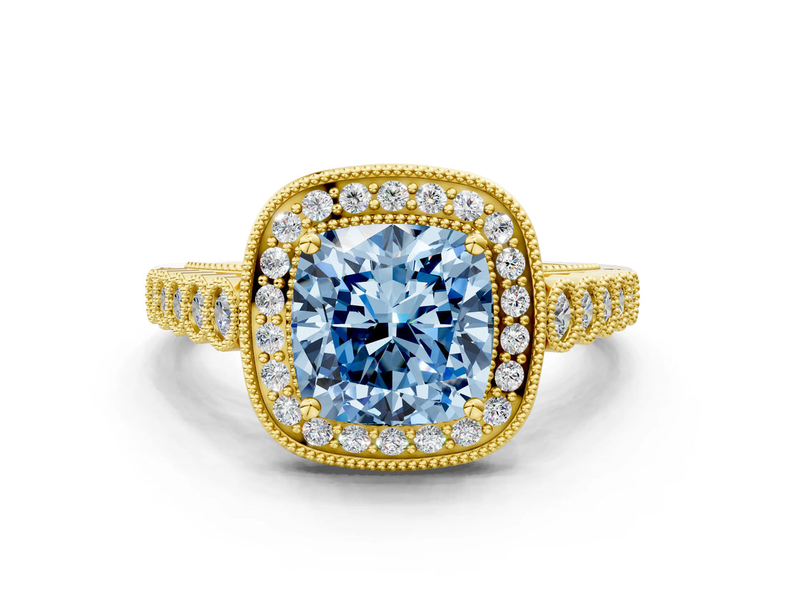 Yellow gold Fancy Blue Cushion  Halo Milgrain Solitaire with Bezel Set Side Stones and Pave Band_32