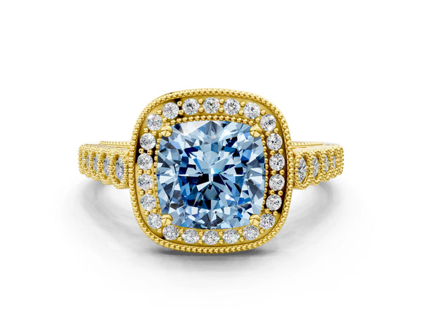 Yellow gold Fancy Blue Cushion  Halo Milgrain Solitaire with Bezel Set Side Stones and Pave Band