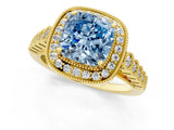 Yellow gold Fancy Blue Cushion  Halo Milgrain Solitaire with Bezel Set Side Stones and Pave Band_33