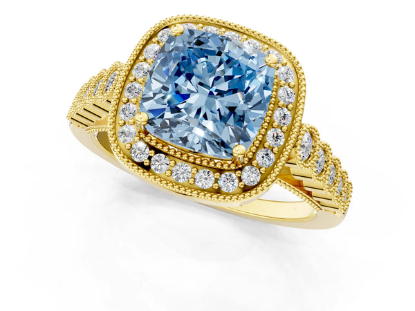 Yellow gold Fancy Blue Cushion  Halo Milgrain Solitaire with Bezel Set Side Stones and Pave Band