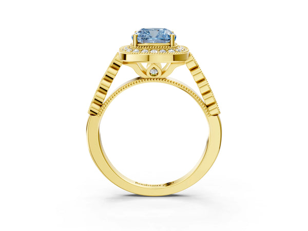 Yellow gold Fancy Blue Cushion  Halo Milgrain Solitaire with Bezel Set Side Stones and Pave Band