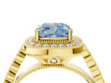Yellow gold Fancy Blue Cushion  Halo Milgrain Solitaire with Bezel Set Side Stones and Pave Band_36