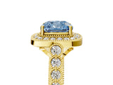 Yellow gold Fancy Blue Cushion  Halo Milgrain Solitaire with Bezel Set Side Stones and Pave Band_37