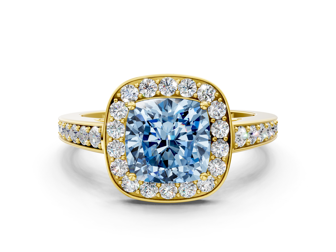 Yellow gold Fancy Blue Cushion  Halo Pavé Diamond Engagement Ring with Bezel Setting_20