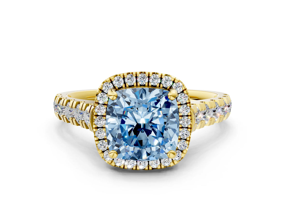 Yellow gold Fancy Blue Cushion  Halo Pavé Diamond Engagement Ring with Four-Prong Setting_26