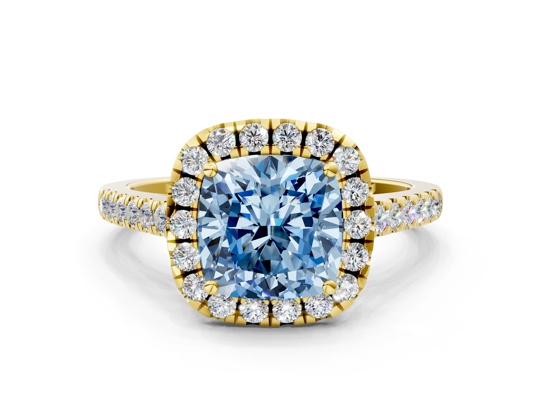 Yellow gold Fancy Blue Cushion  Halo Pavé Diamond Engagement Ring with Four-Prong Setting_3