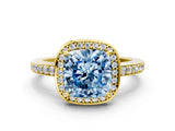 Yellow gold Fancy Blue Cushion  Halo Pave Band Solitaire Ring with Prong Setting_66