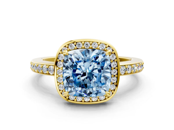 Yellow gold Fancy Blue Cushion  Halo Pave Band Solitaire Ring with Prong Setting