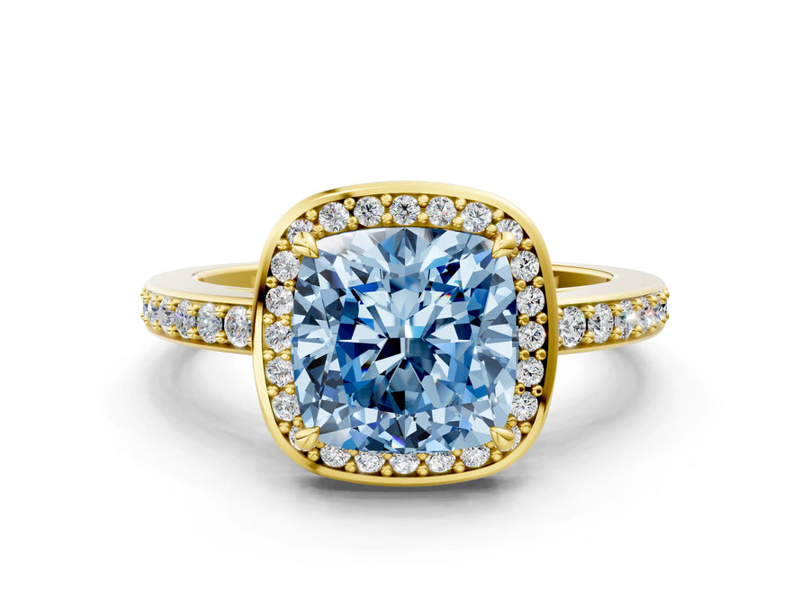 Yellow gold Fancy Blue Cushion  Halo Pave Band Solitaire Ring with Prong Setting