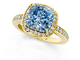 Yellow gold Fancy Blue Cushion  Halo Pave Band Solitaire Ring with Prong Setting_67