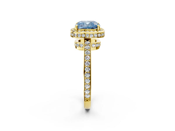 Yellow gold Fancy Blue Cushion  Halo Pave Band Solitaire Ring with Prong Setting