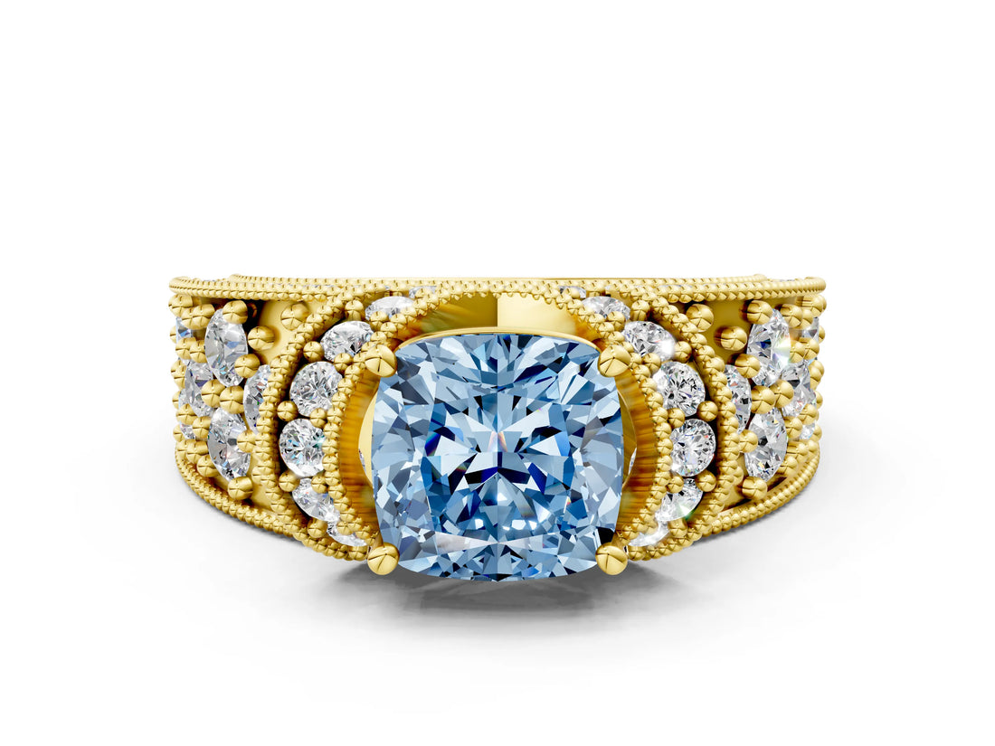 Yellow gold Fancy Blue Cushion  Halo Pave Diamond Engagement Ring with Milgrain Detailing_49