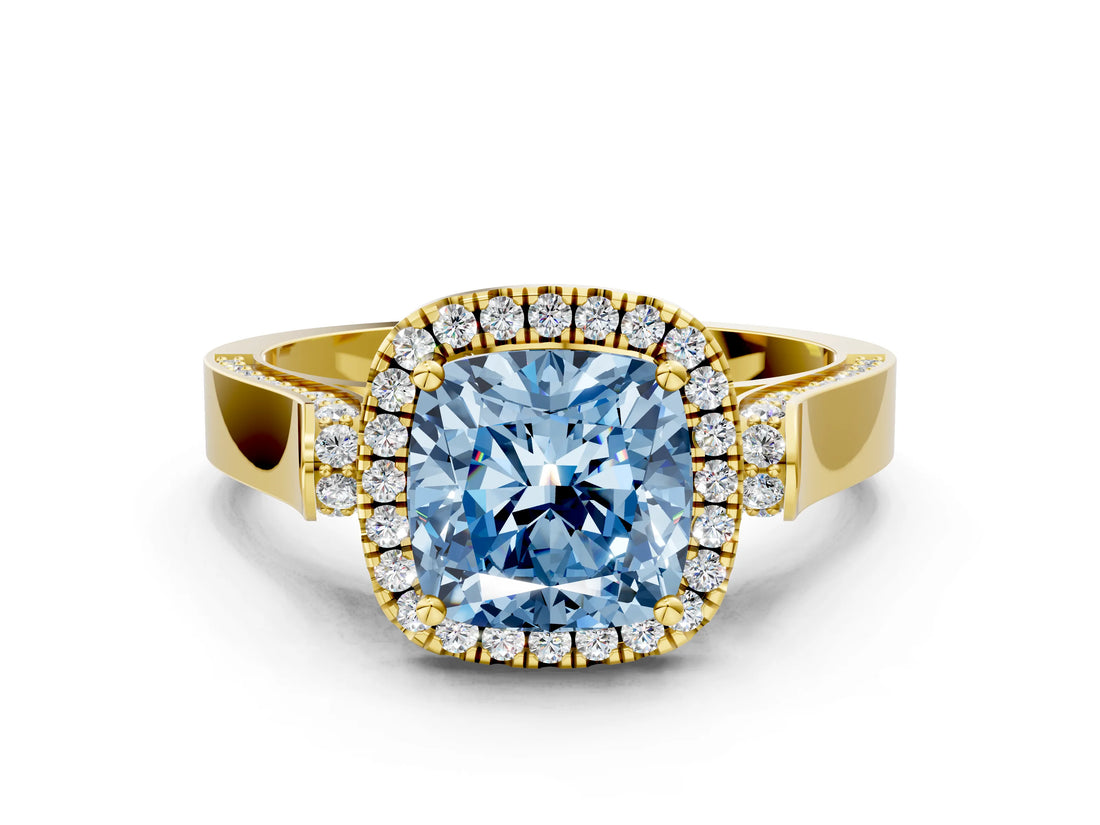 Yellow gold Fancy Blue Cushion  Halo Pave Split Shank Prong Setting Ring_111