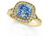 Yellow gold Fancy Blue Cushion  Halo Round Diamond Milgrain Pave Engagement Ring_4