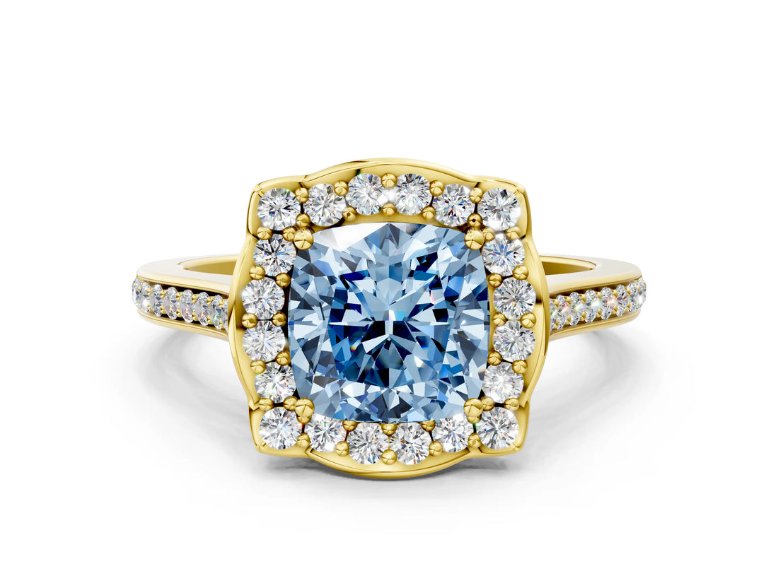 Yellow gold Fancy Blue Cushion  Halo Round Diamond Pave Band with Four-Prong Setting_38