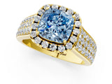 Yellow gold Fancy Blue Cushion  Halo Round Diamond Pave Band with Prong Setting 1