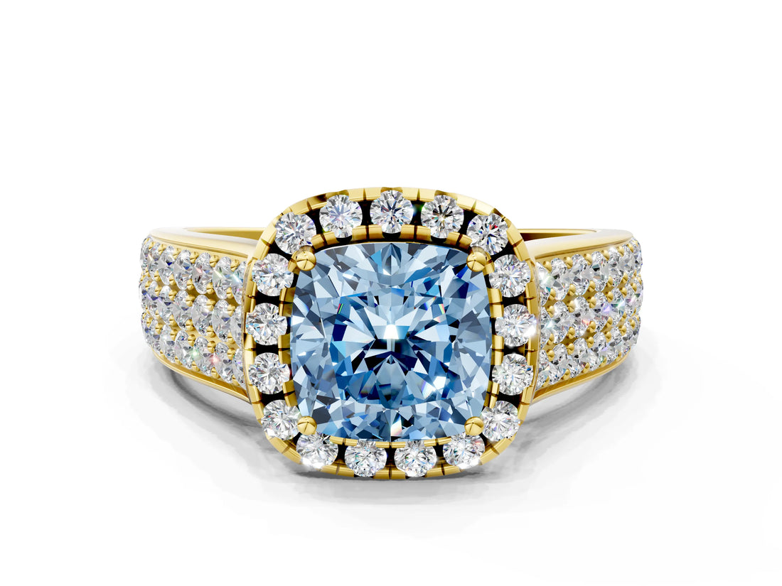Yellow gold Fancy Blue Cushion  Halo Round Diamond Pave Band with Prong Setting