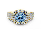 Yellow gold Fancy Blue Cushion  Halo Round Diamond Pave Band with Prong Setting