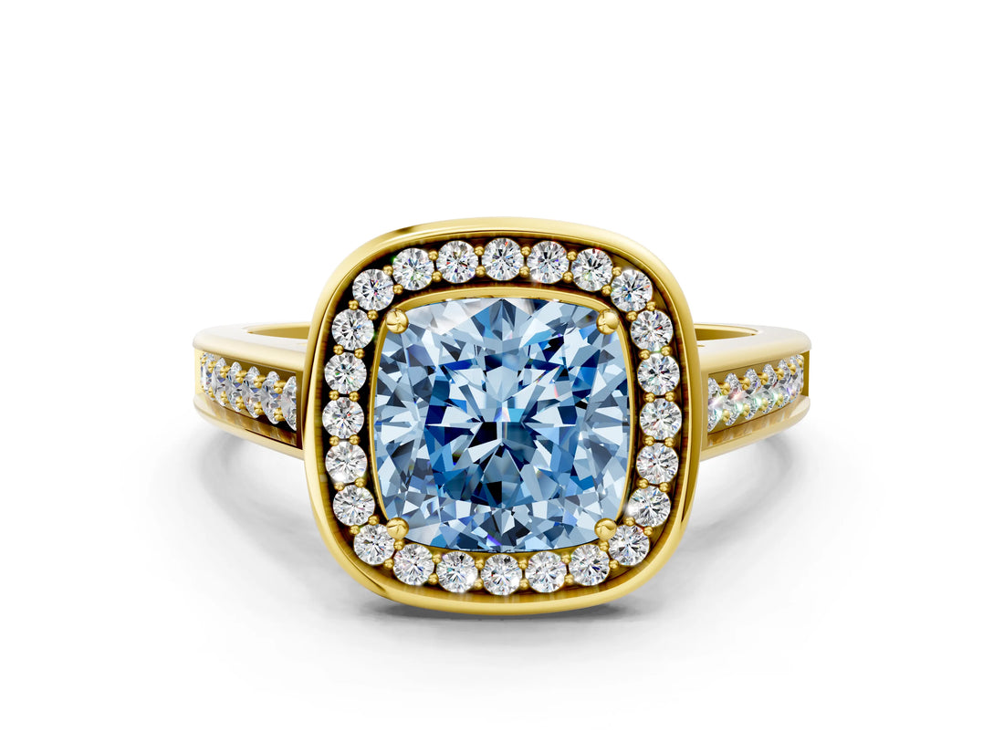 Yellow gold Fancy Blue Cushion  Halo Solitaire Diamond Ring with Pave Band and Bezel Setting_49