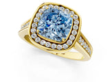 Yellow gold Fancy Blue Cushion  Halo Solitaire Diamond Ring with Pave Band and Bezel Setting_50