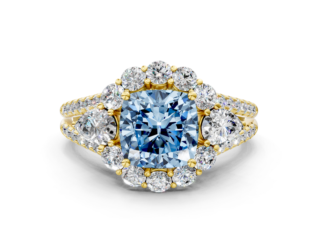 Yellow gold Fancy Blue Cushion  Halo Split Shank Diamond Engagement Ring with Prong Setting_20