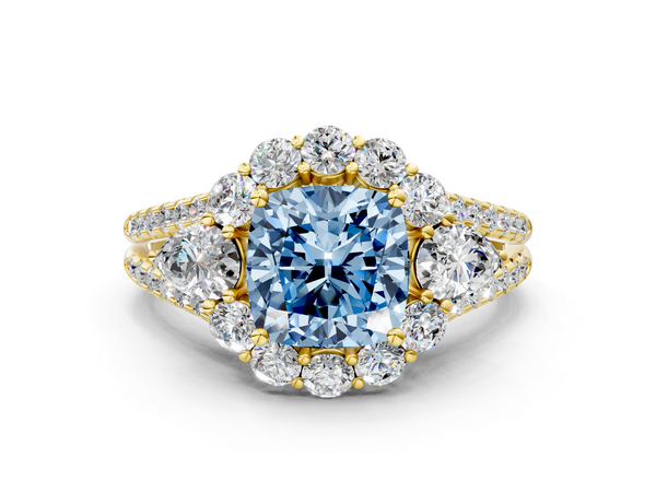 Yellow gold Fancy Blue Cushion  Halo Split Shank Diamond Engagement Ring with Prong Setting