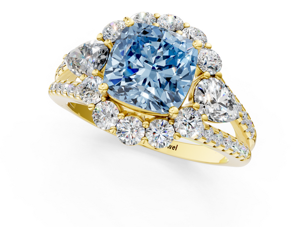 Yellow gold Fancy Blue Cushion  Halo Split Shank Diamond Engagement Ring with Prong Setting