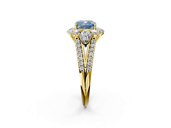 Yellow gold Fancy Blue Cushion  Halo Split Shank Diamond Engagement Ring with Prong Setting