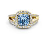Yellow gold Fancy Blue Cushion  Halo Split Shank Diamond Ring with Four-Prong Setting_32