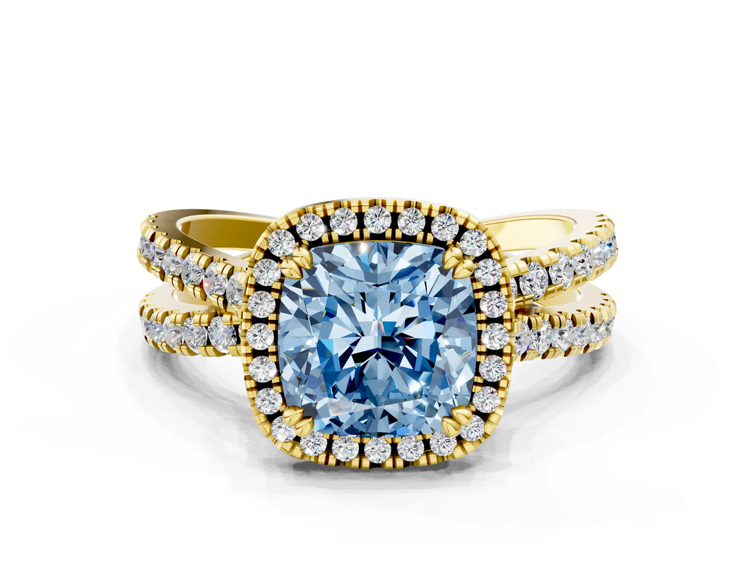 Yellow gold Fancy Blue Cushion  Halo Split Shank Diamond Ring with Pavé Setting_26