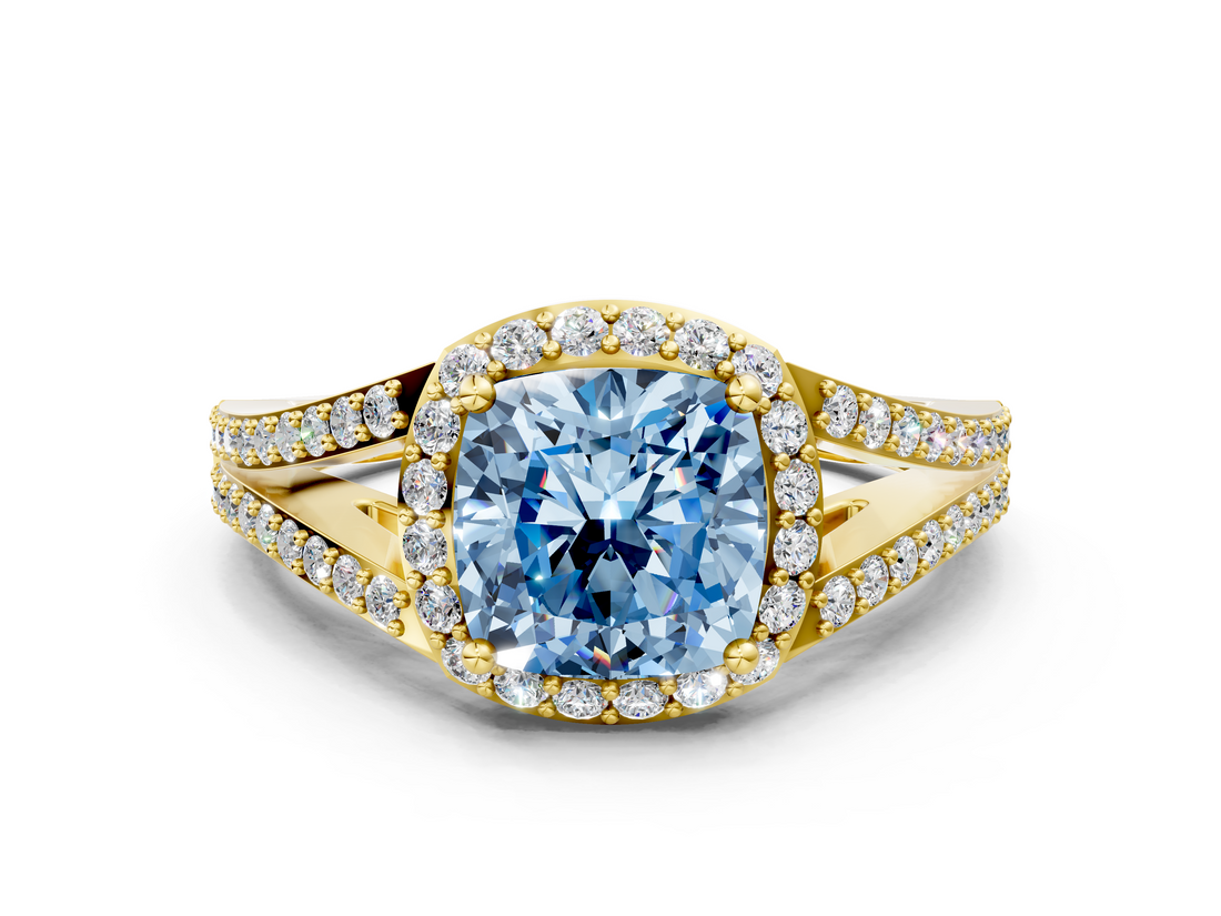 Yellow gold Fancy Blue Cushion  Halo Split Shank Diamond Ring with Prong Setting_20